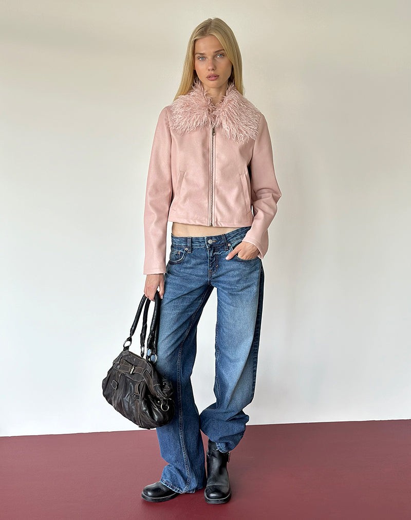 Saku Jacket in PU Dusty Pink with Faux Fur Collar view 3
