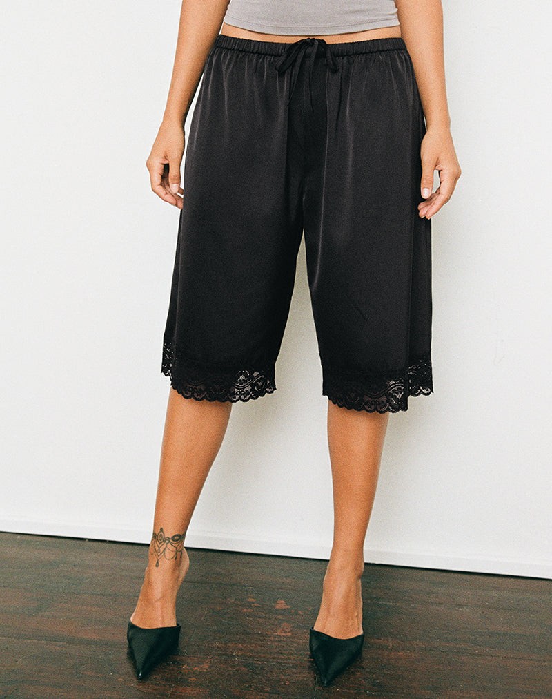 Qiana Short with Lace Trim in Satin Black