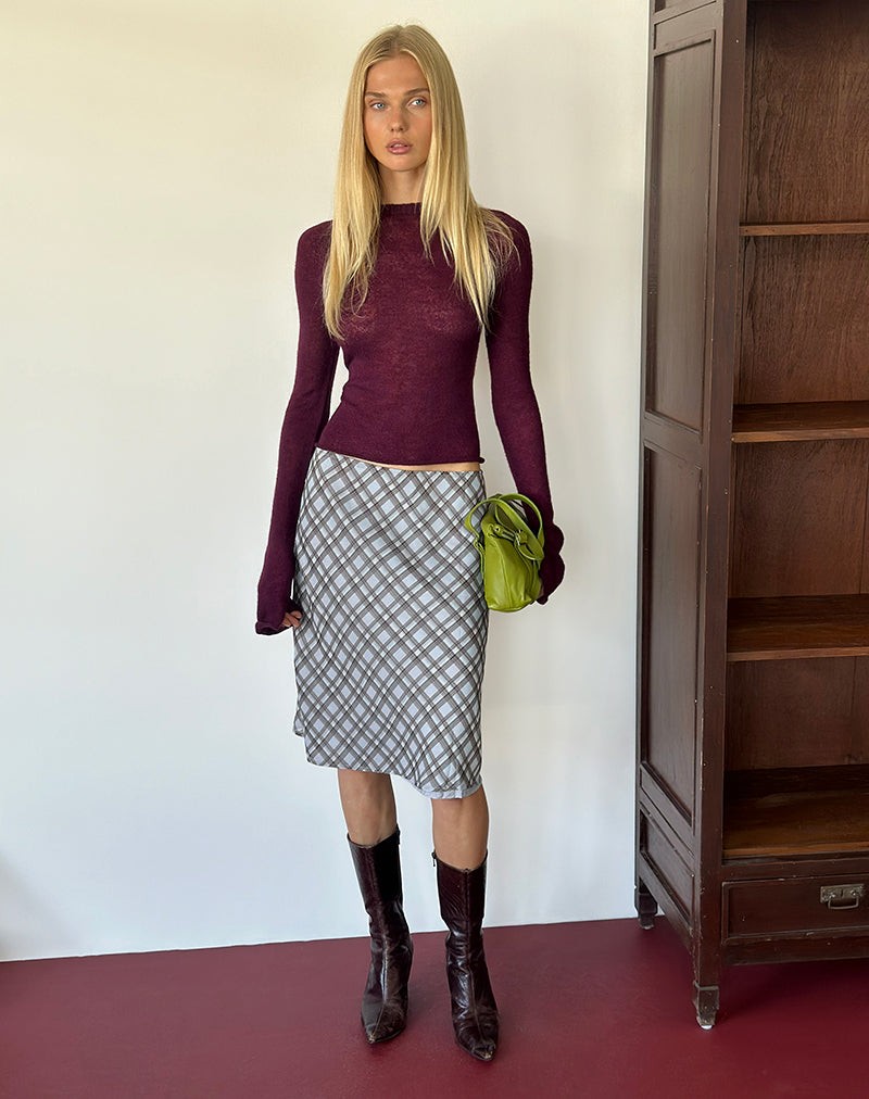 Azila Midi Skirt in Chiffon Blue and Brown Check view 3