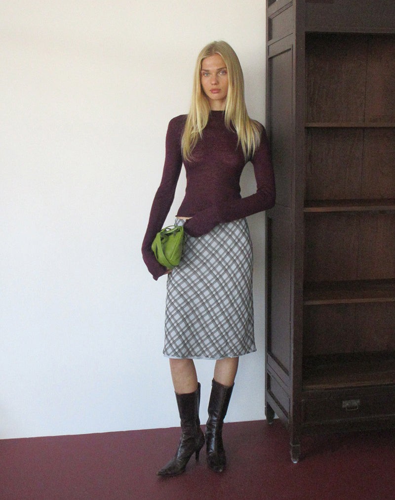 Azila Midi Skirt in Chiffon Blue and Brown Check