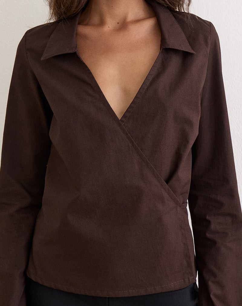 Rakto Wrap Side Shirt in Poplin Bitter Chocolate view 3