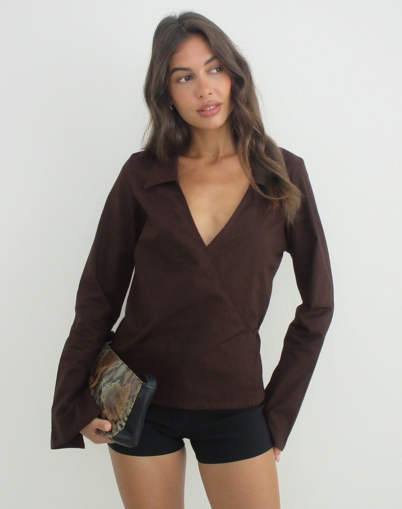 Rakto Wrap Side Shirt in Poplin Bitter Chocolate